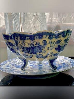 Vintage RARE Blue & White Flying Phoenix Turkey Compote & Plate MOTHER’S DAY